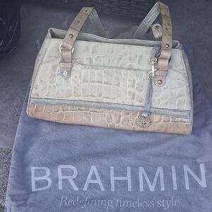 Brahmin Two-Tone Cream and Tan Croc-Embossed Satchel